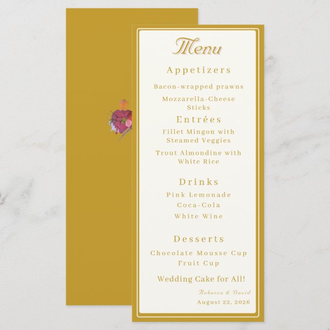 Menu Mariage Catholique Crème & Ocre Deux Cœurs (Devant / Derrière)
