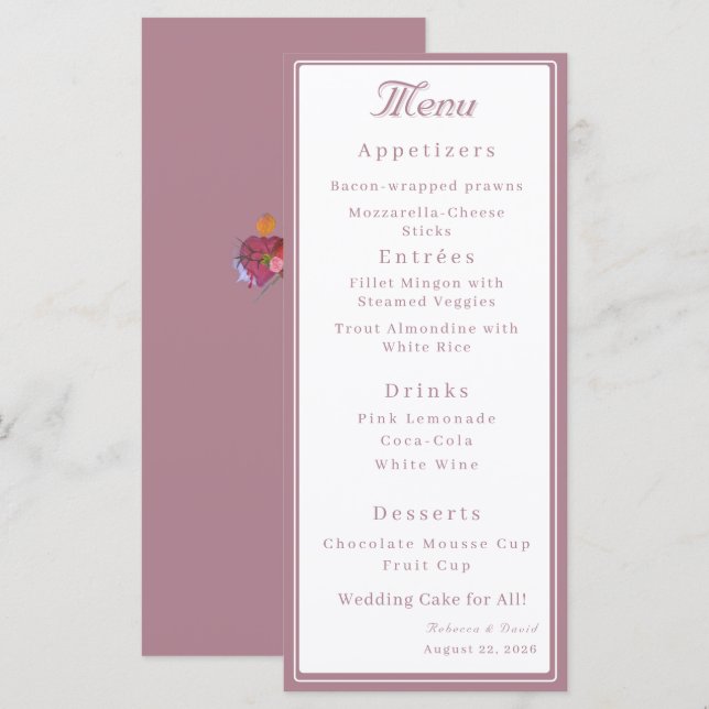 Menu Mariage Catholique Dusty Rose Deux Cœurs (Devant / Derrière)