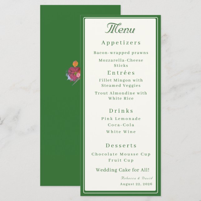 Menu Mariage catholique Forest Green Deux coeurs (Devant / Derrière)