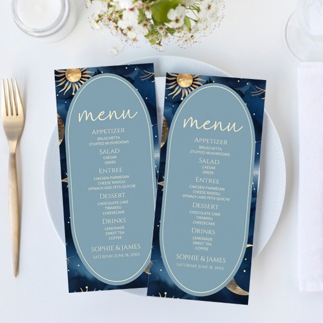 Menu Mariage Céleste Bleu Or Élégant Ciel Étoilé (Créateur téléchargé)