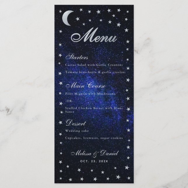 Menu Mariage céleste Lune et Stars Calligraphie (Devant)