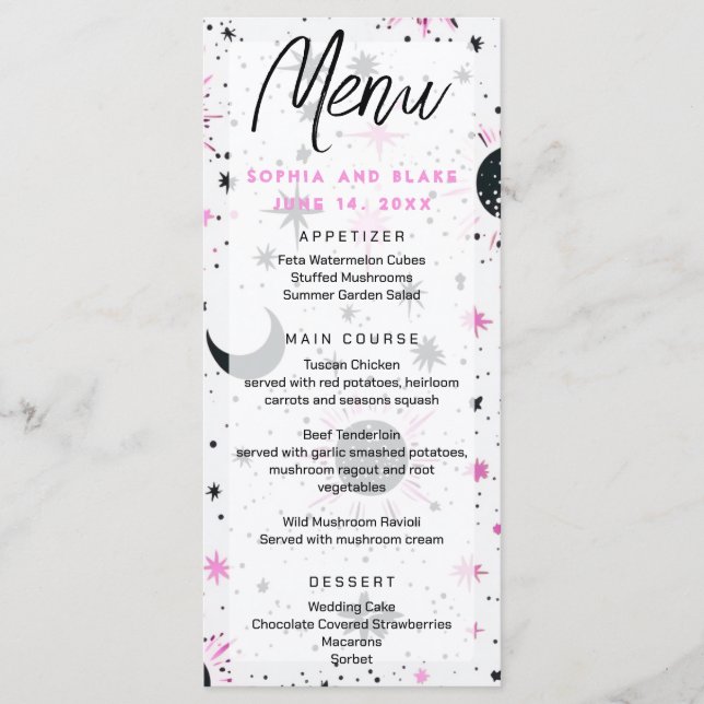 Menu Mariage Céleste Soleil Lune Étoiles Noir et Rose (Devant)