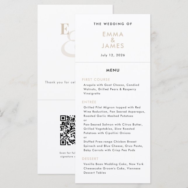 Menu Mariage Champagne Ampersand | Code QR | Élégant (Devant / Derrière)