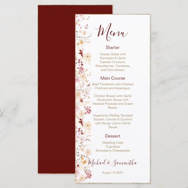 Menu Mariage Champêtre Bourguignon et Rose Pâle (Devant / Derrière)