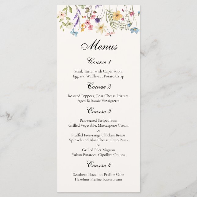 Menu Mariage Champêtre de Fleurs Sauvages Fantaisistes (Devant)