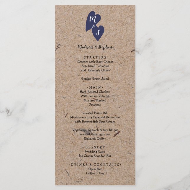 Menu Mariage Champêtre | Monogramme Papier Kraft Cœur N (Devant)