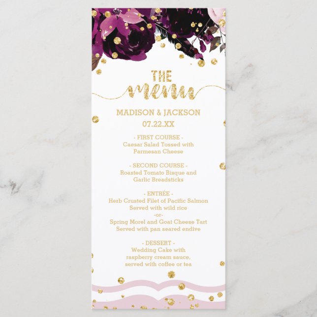 Menu Mariage Chic Dark Purple Floral Gold Confetti (Devant)