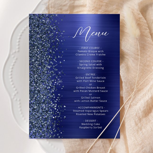 Menu Mariage chic en écriture scintillante bleu marine (Créateur téléchargé)