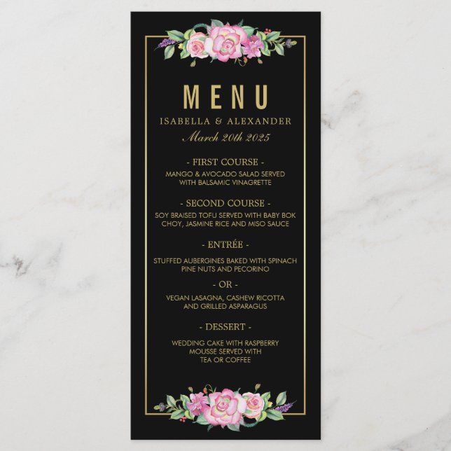 Menu Mariage Chic Roses Roses Roses et Grilles Noires O (Devant)