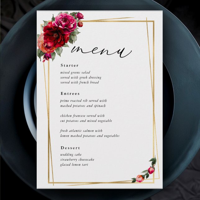 Menu Mariage chic rouge rose floral et or faux (Créateur téléchargé)