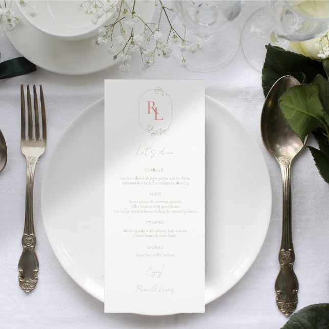 Menu Mariage Chic Vert & Blanc Floral Monogram (Créateur téléchargé)