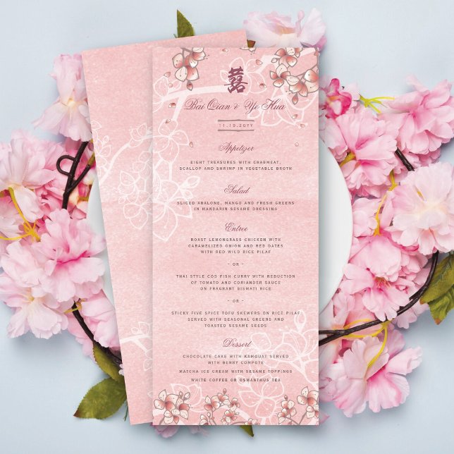 Menu Mariage chinois à deux fleurs de pêche (Pink Peach/Plum Blossoms Double Happiness Elegant Chinese Wedding Menu Card @ fatfatin_red_knot)