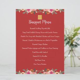 Menu Mariage chinois à fleurs de pivoine rouge double b