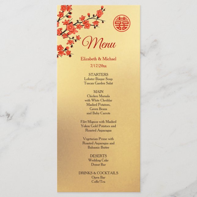 Menu MARIAGE chinois BILINGUAL Cerise Blossom Or (Devant)