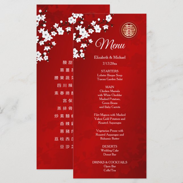 MENU MARIAGE CHINOIS FLEURS ORIENTALES BLANCHES BILINGU (Devant / Derrière)