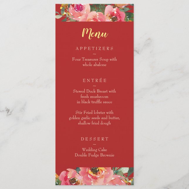 Menu Mariage chinois fond rouge floral rose (Devant)