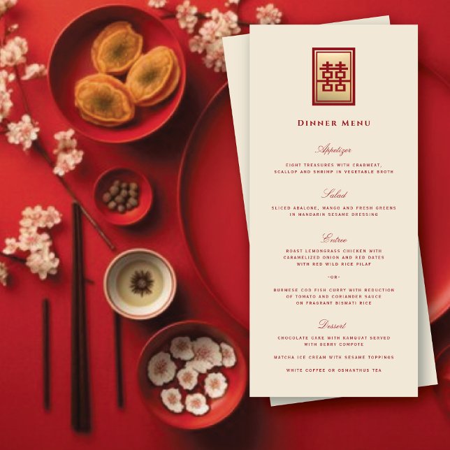 Menu Mariage chinois rectangle double bonheur or (Gold/Red Classic Rectangle Double Happiness Modern Classy Chinese Wedding Menu @ fatfatin_red_knot)