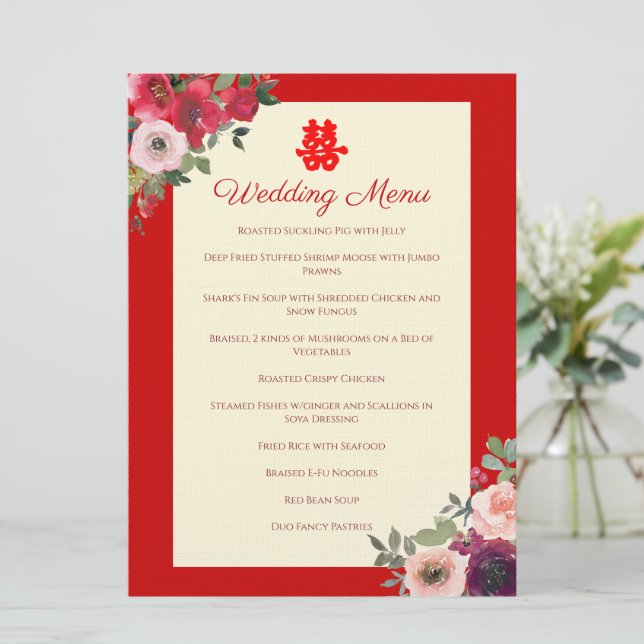Menu mariage chinois rouge violet floral jardin (Debout devant)