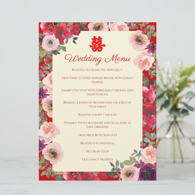 Menu mariage chinois rouge violet floral jardin (Debout devant)