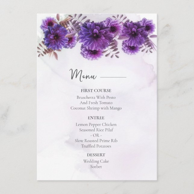 Menu Mariage Chrysanthème Aquarelle Violet  (Devant)