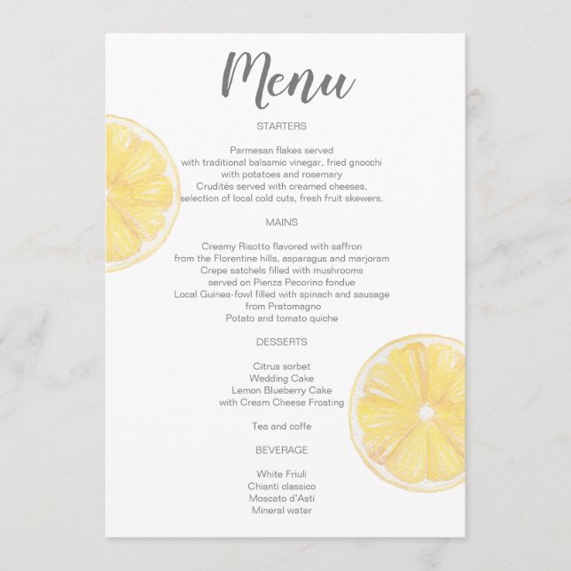 Menu Mariage citron aquarelle (Devant)