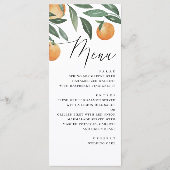 Menu Mariage Citron Aquarelle | Orange Script Élégant (Devant)
