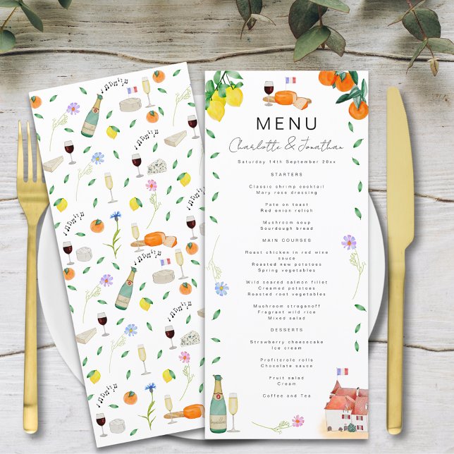 Menu Mariage Citron et Orange Bohème Français (Lemon and orange french chateau citrus boho wedding menu watercolor )