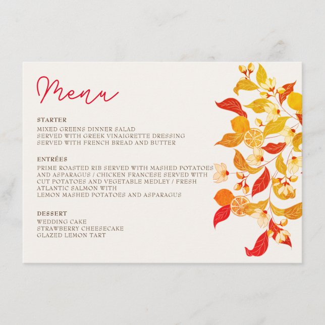 Menu Mariage Citronné Frais Feuillage Citrus (Devant)