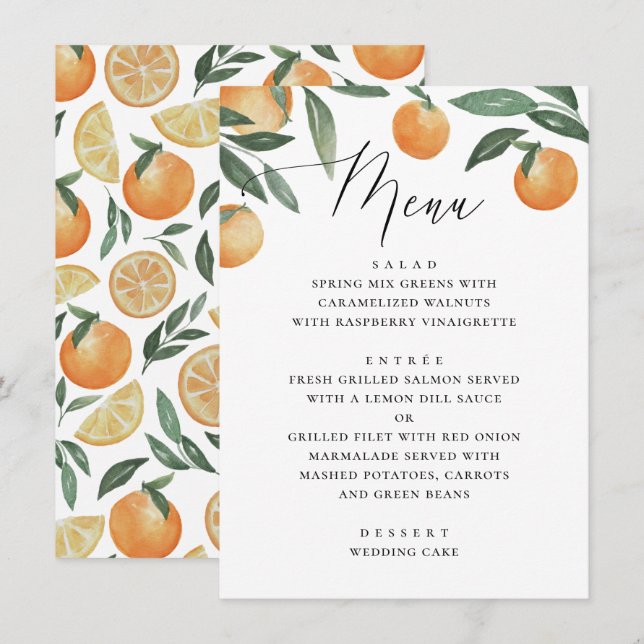 Menu Mariage Citrus Orange | Calligraphie Botanique (Devant / Derrière)