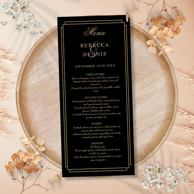 Menu Mariage Classique Art Déco Noir Et Or (Classic Art Deco Black And Gold Wedding Menu)
