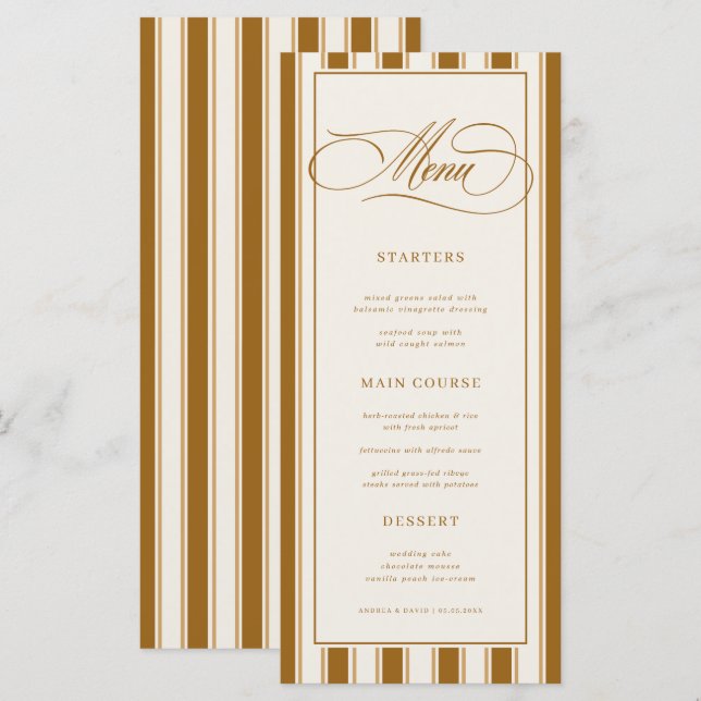 Menu Mariage Classique Brun et Rayures d'Ivoire (Devant / Derrière)