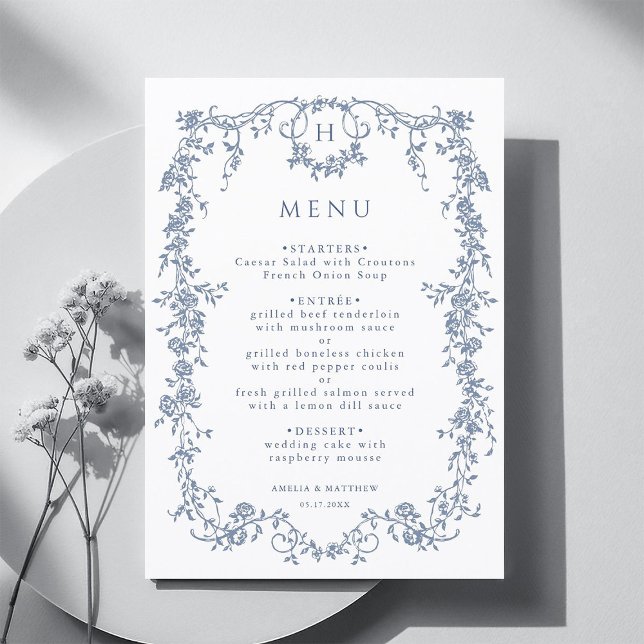 Menu Mariage Classique Cadre Bleu Victorien Français (Créateur téléchargé)