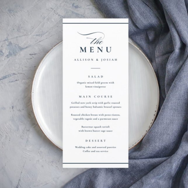 Menu Mariage Classique Élégant Bleu Nuit et Blanc (Elegant Navy Blue and White Wedding Menu.)