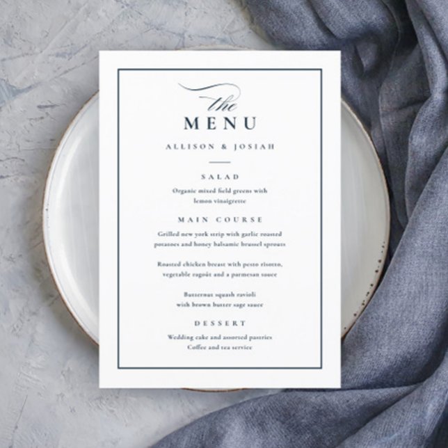 Menu Mariage Classique Élégant Bleu Nuit et Blanc (Elegant Navy Blue and White Wedding Menu.)