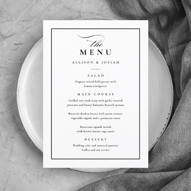 Menu Mariage Classique Élégant Noir et Blanc (Simple Black and White Wedding Menu.)