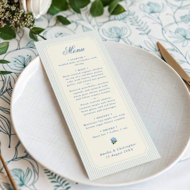 Menu Mariage Classique Fleurs d'Hydrangea Bleu Clair Ra (classic blue pinstripes wedding menu)