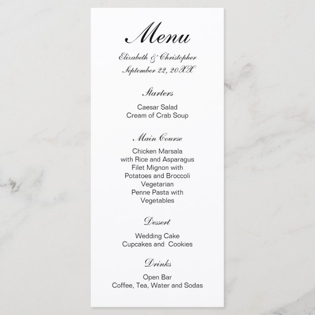 Menu Mariage Classique Formel Traditionnel Noir Blanc (Devant)