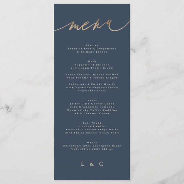 Menu Mariage classique Gold Navy bleu simple (Devant)