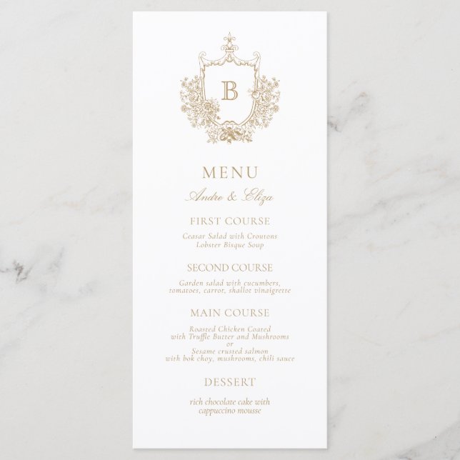 Menu Mariage classique Luxe Gold et White Monogram (Devant)