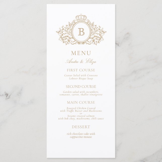 Menu Mariage classique Luxe Gold et White Monogram (Devant)