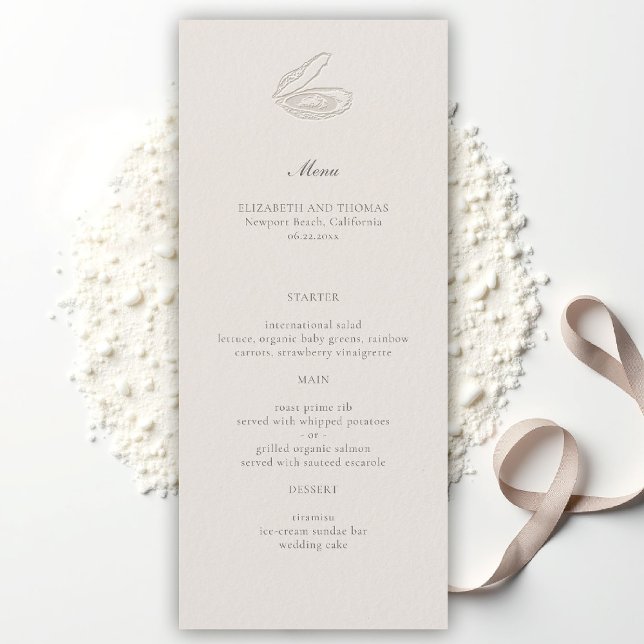 Menu Mariage Classique Nautique Côtiers Ecru (oyster wedding menu coastal nautical formal traditional modern classic ecru elegant boat yacht sea)