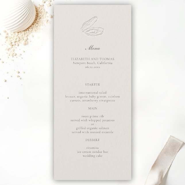 Menu Mariage Classique Nautique Côtiers Huître Écru (oyster wedding menu coastal nautical formal traditional modern classic ecru elegant black tie yacht)