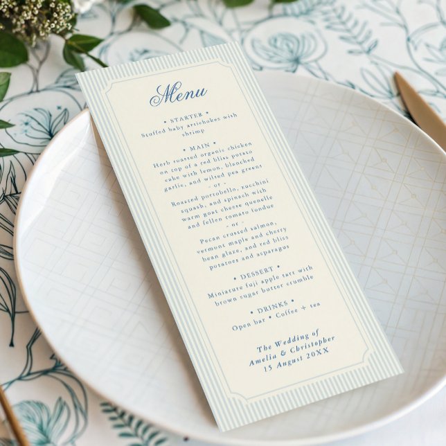 Menu Mariage Classique Rayures Bleu Clair (classic light blue stripes wedding menu with timeless typography)