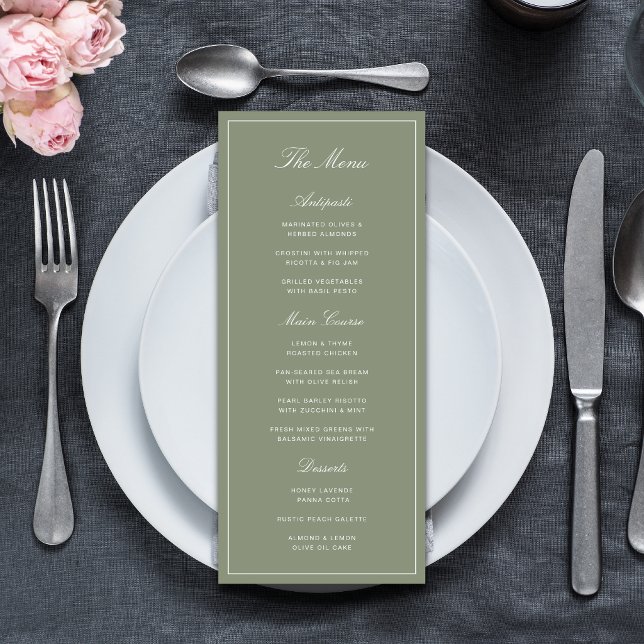 Menu Mariage Classique Vert Poussiéreux avec Écriture (Classic dusty green wedding menus add elegant detail to your beautifully styled reception.)