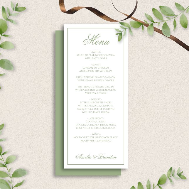 Menu Mariage Classique Vert Sauge & Bordure Blanche Scr (Créateur téléchargé)