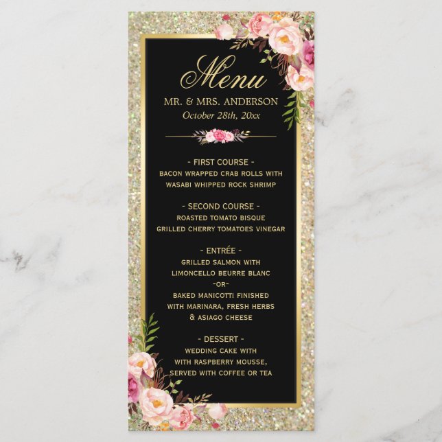 Menu mariage Classy Floral Gold Parties scintillan (Devant)