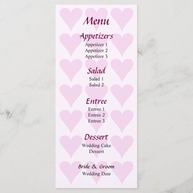 Menu Mariage Coeur romantique (Devant)