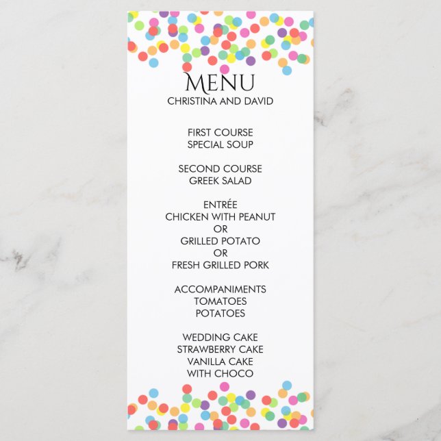 Menu Mariage coloré Confetti Rainbow Fun (Devant)