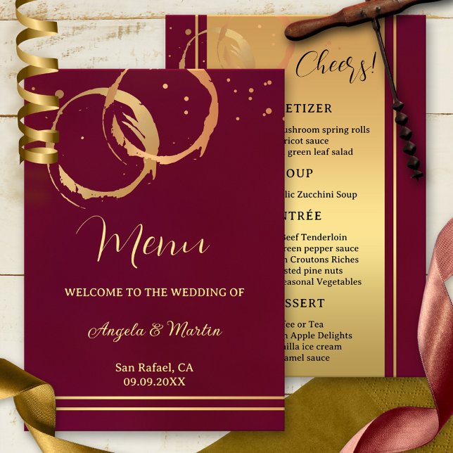 Menu Mariage Confetti pour le vin d'or (Wine themed wedding  menu featuring gold intersecting wine stains and sparkles on burgundy marsala)