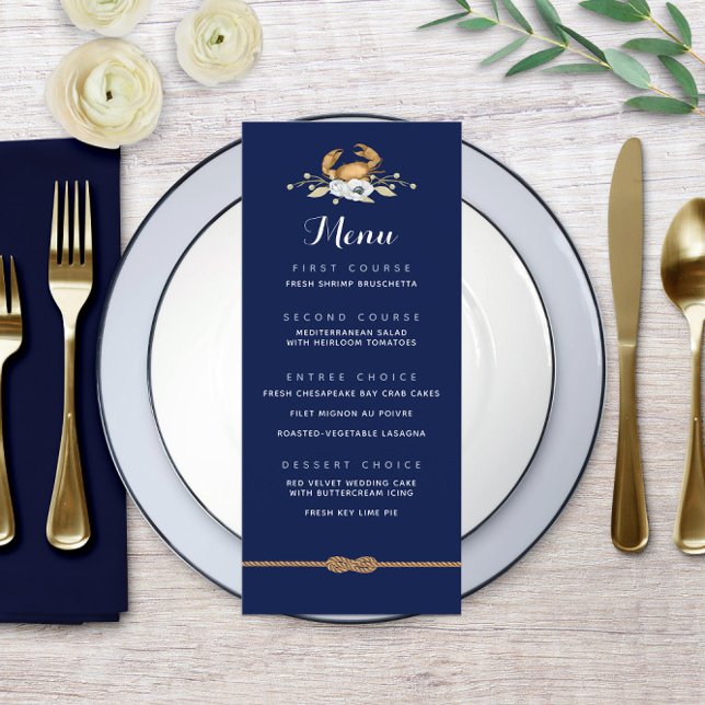 🦀 menu Mariage côtier bleu et blanc Marine marine (🦀 Nautical Navy Blue & White Coastal Wedding Menu
)